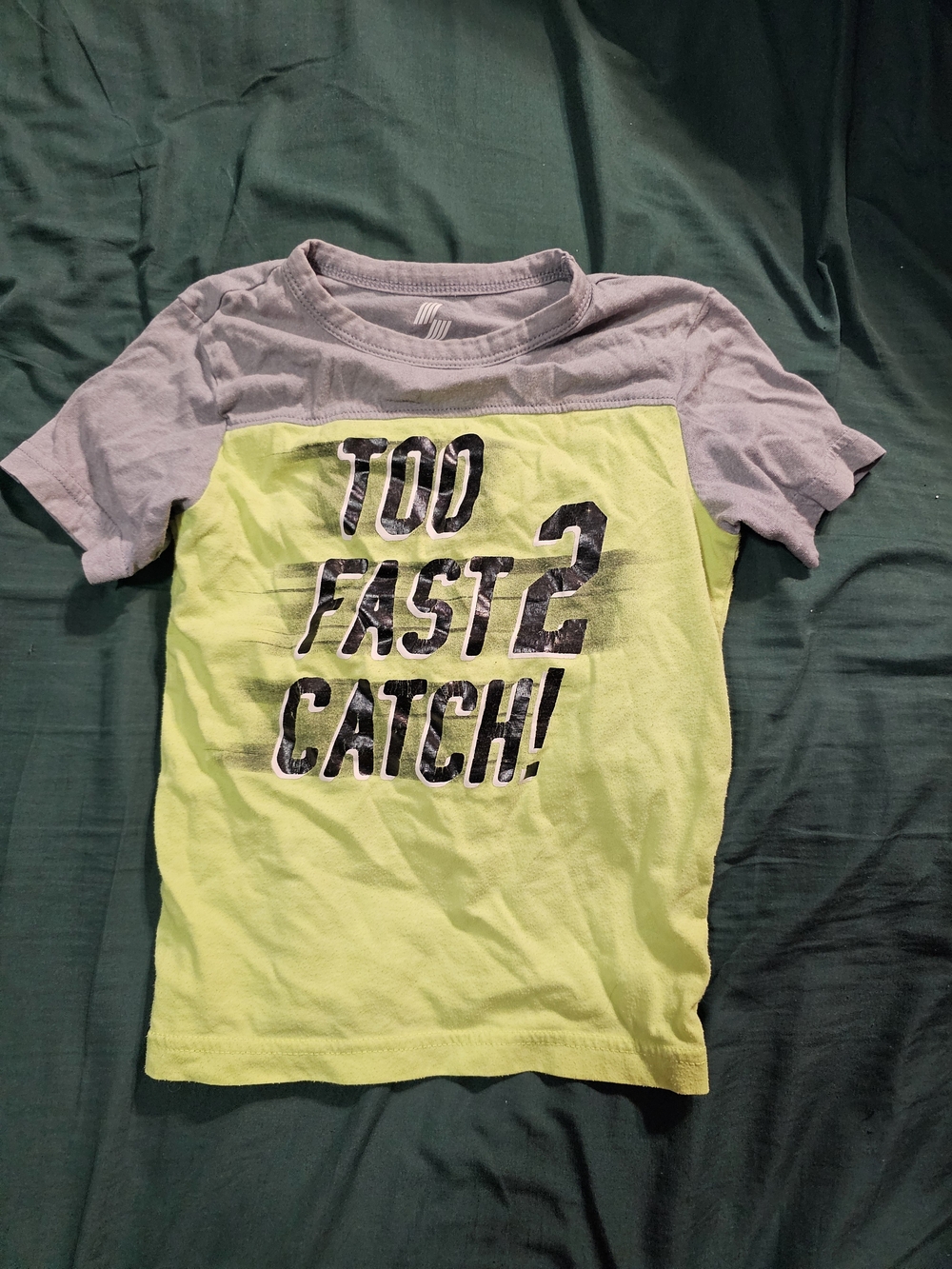 Kids Short Sleeve Tee with 'Too Fast 2 Catch!' Graphic - Lime & Gray